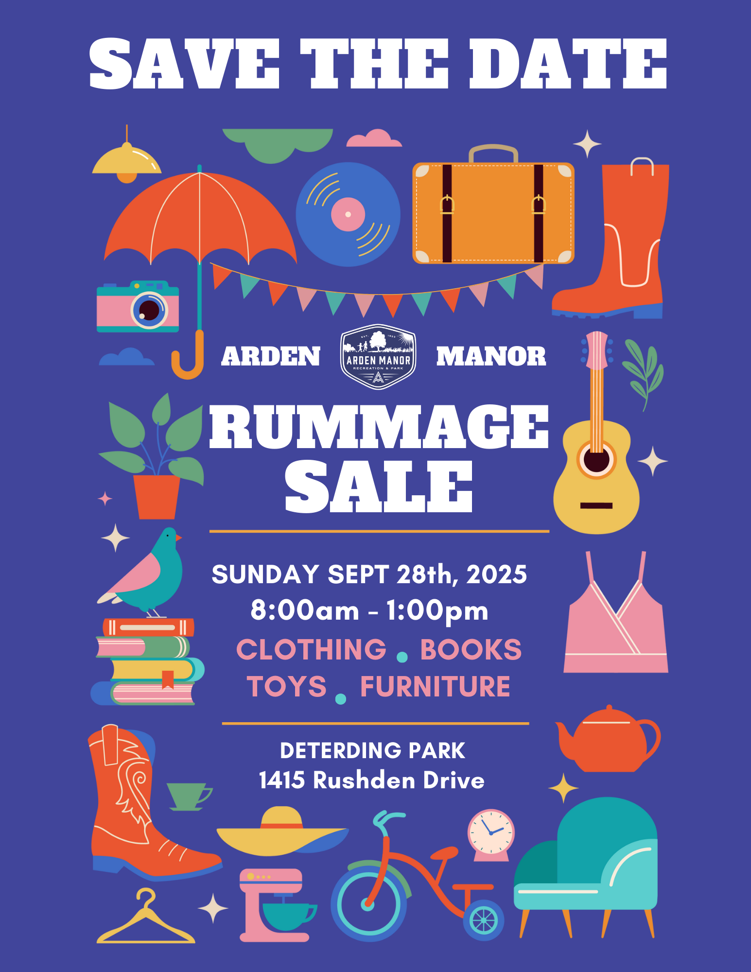 Rummage sale on Sept 28th, 2025, 8am-1pm, at Deterding Park. Items: clothing, books, toys, furniture.