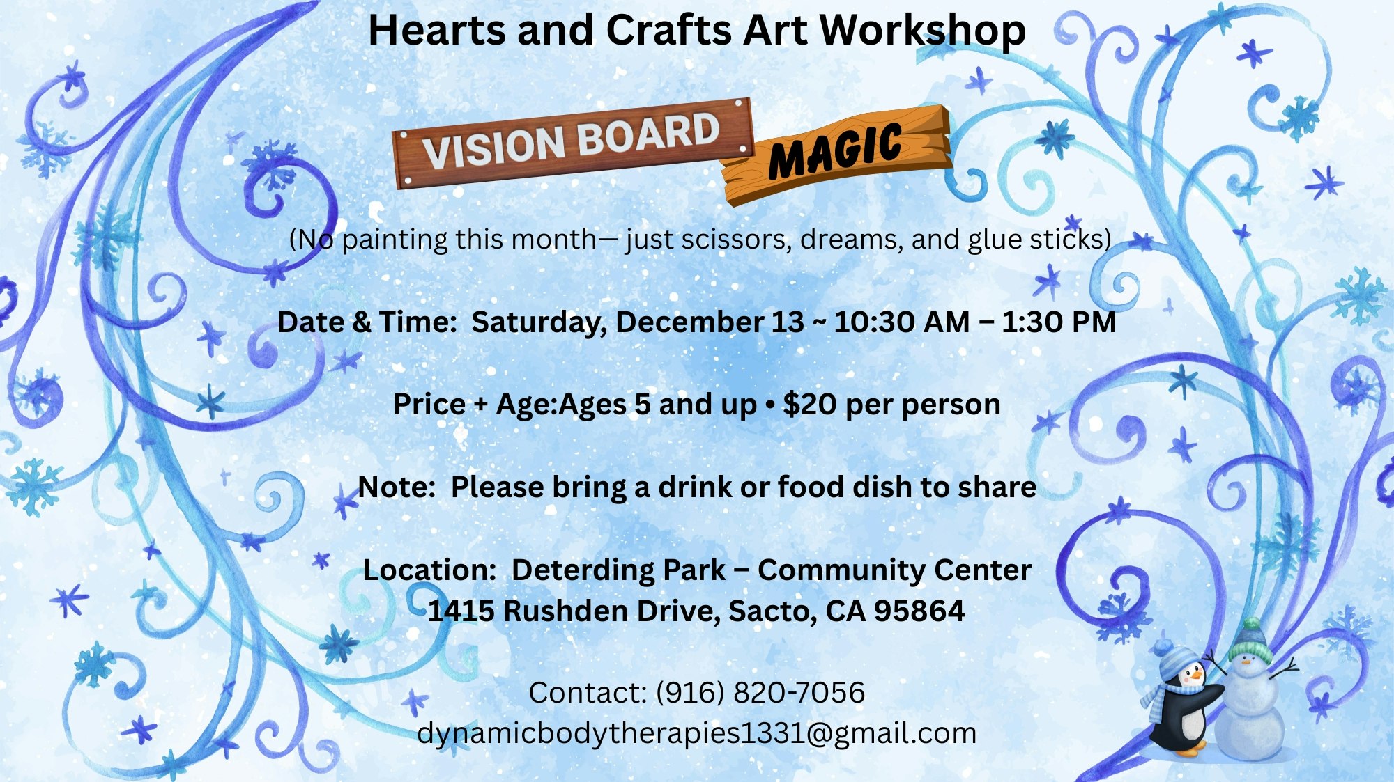 Hearts and Crafts Art Workshop: Vision Board Magic, Dec 13, 10:30 AM-1:30 PM. Ages 5+, $20/person. Bring food/drink. At Deterding Park.