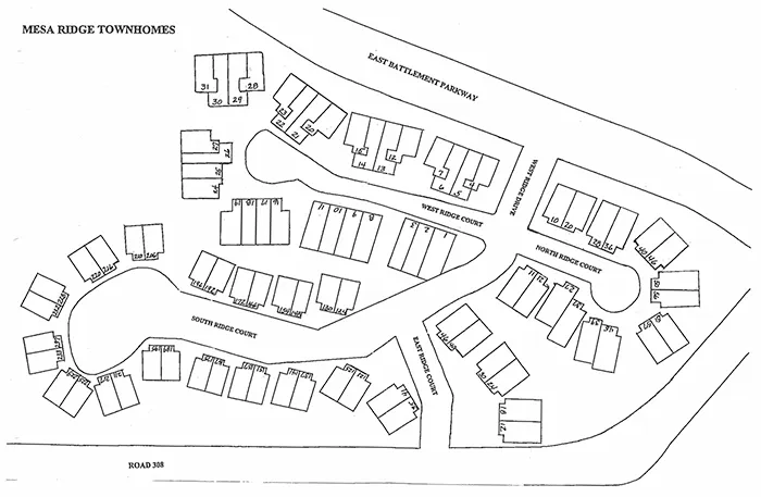 Map of Mesa Ridge Townhomes, showing layout of units and streets including East Battlement Parkway and Road 308.