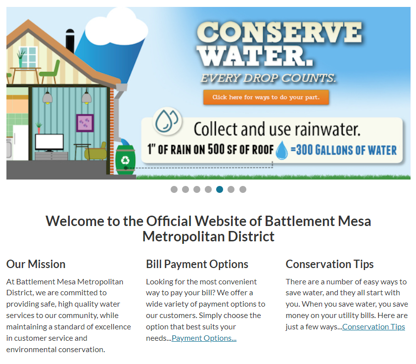 The image promotes water conservation by collecting rainwater, highlighting the benefits and offering payment options for water services.