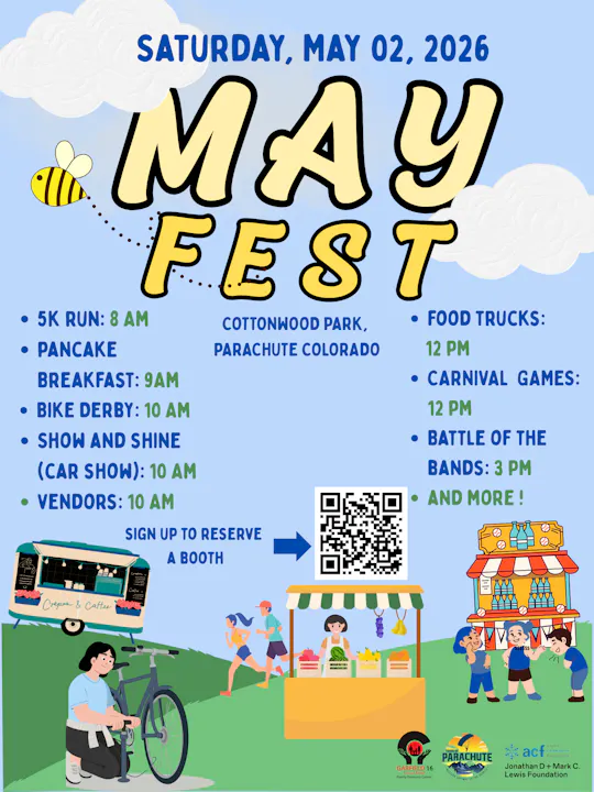 May Fest on May 2, 2026, at Cottonwood Park, Parachute, CO. Events include a 5K run, pancake breakfast, and more!