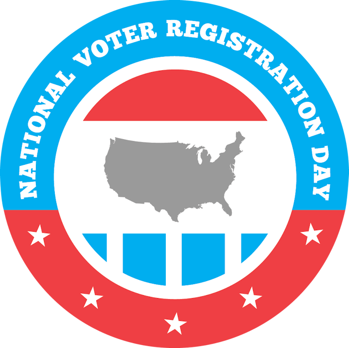 National Voter Registration Day logo in red white and blue with outline of the USA in center