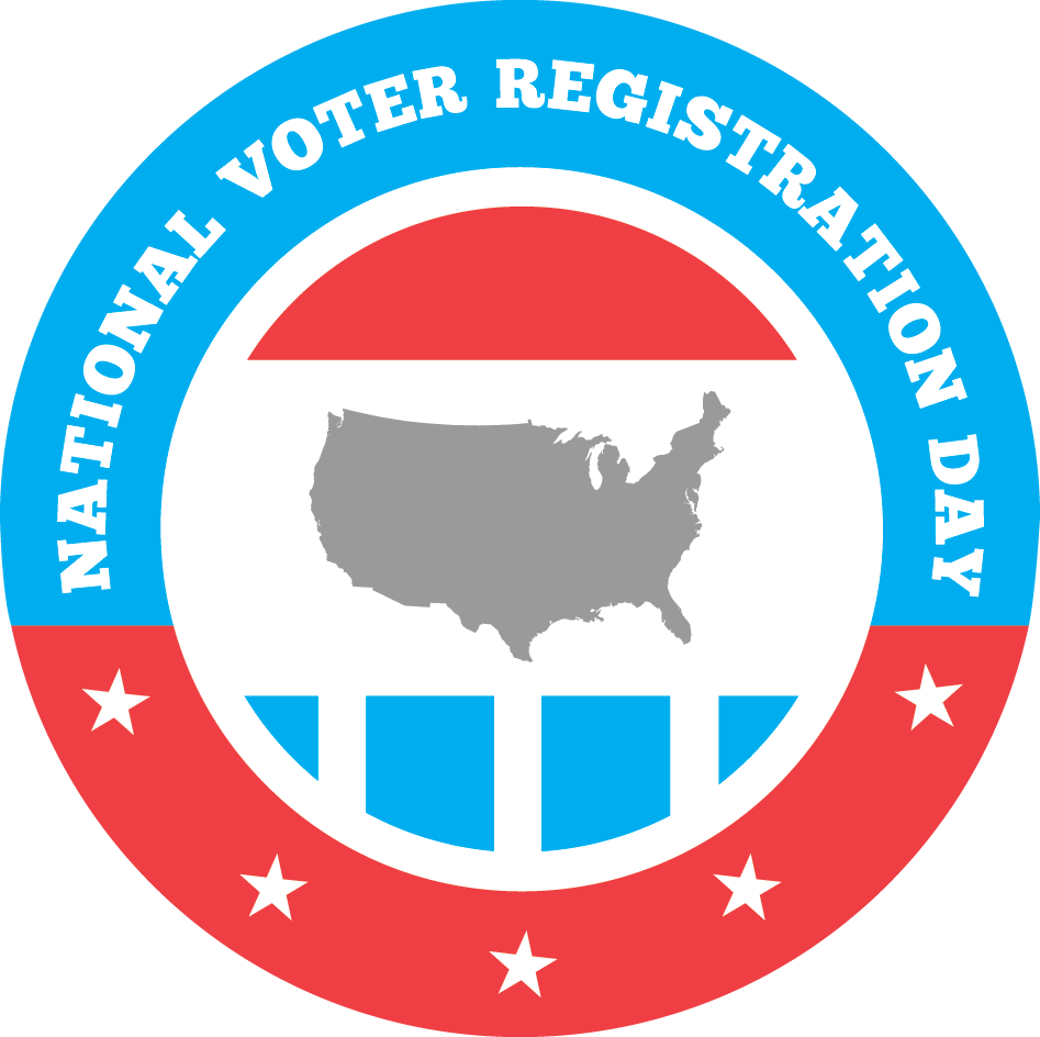 National Voter Registration Day logo in red white and blue with outline of the USA in center