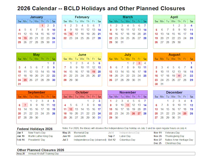 A 2026 calendar highlighting BCLD holidays and planned closures throughout the year.