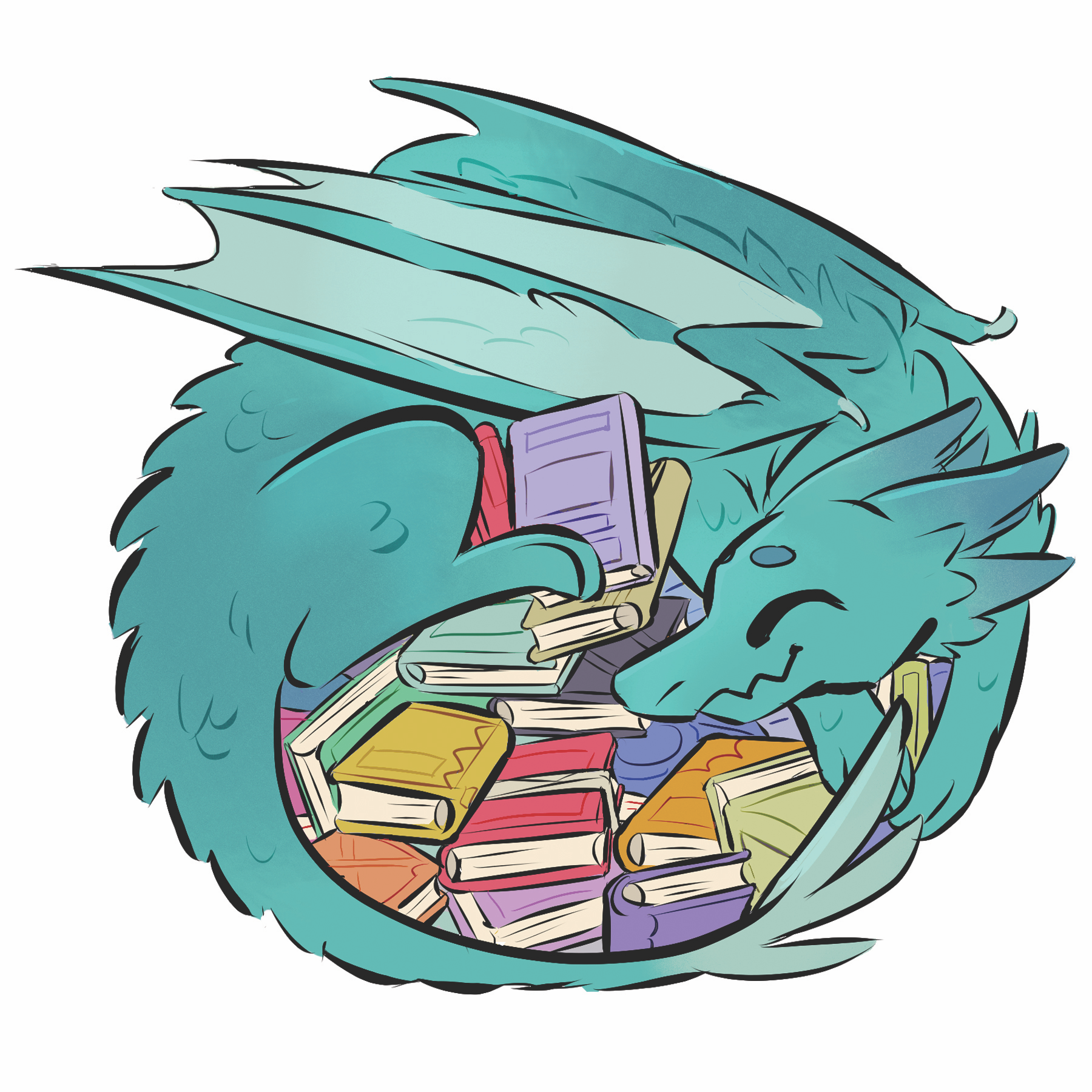 A cute blue dragon curled up with a pile of colorful books.
