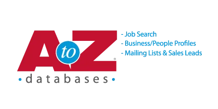 A logo with "A to Z databases" and a list of services: Job Search, Business/People Profiles, Mailing Lists & Sales Leads.