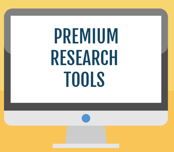 Computer monitor displaying the words "PREMIUM RESEARCH TOOLS."