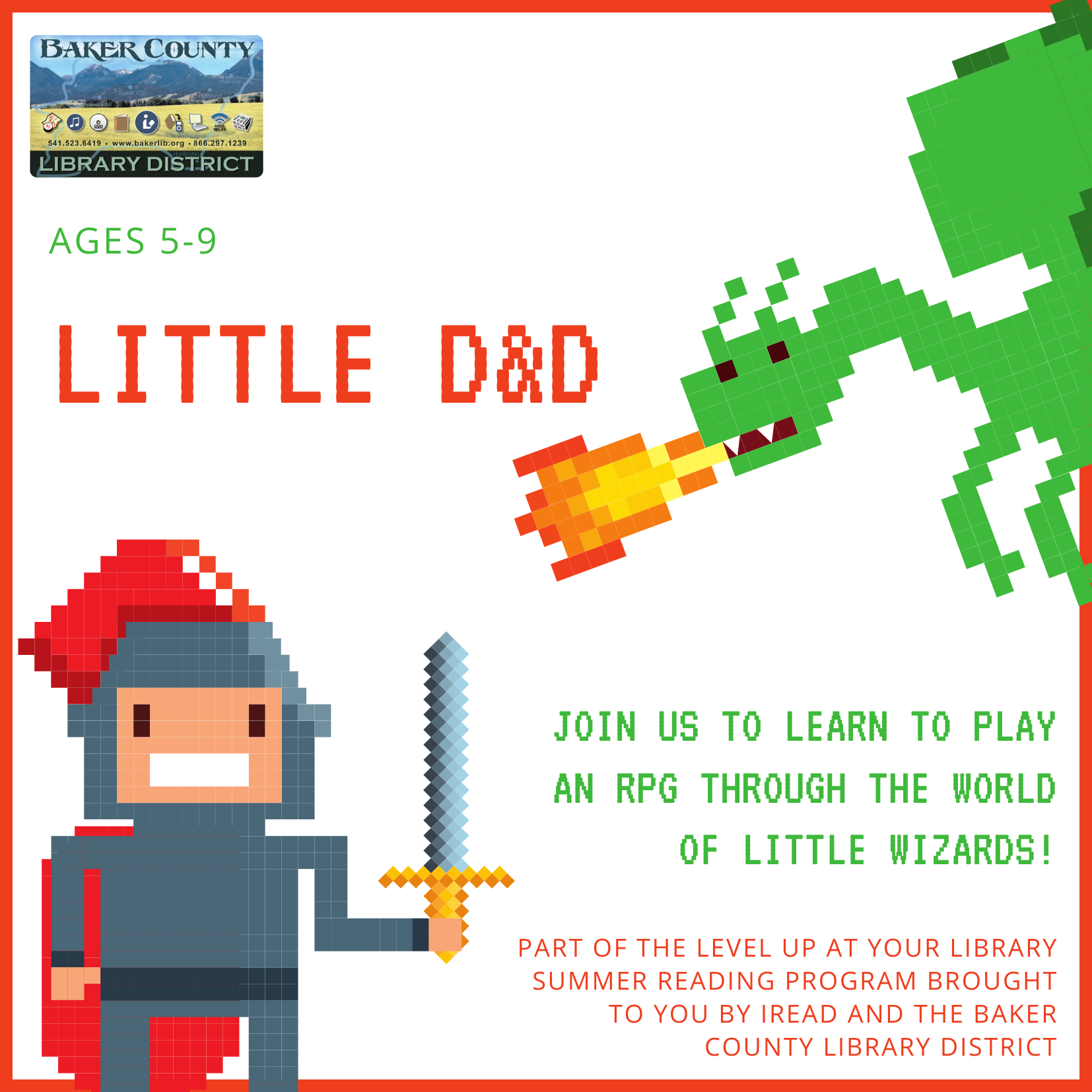 Library invites ages 5-9 to play "Little D&D," an RPG program with a wizard theme. Part of a summer reading initiative.
