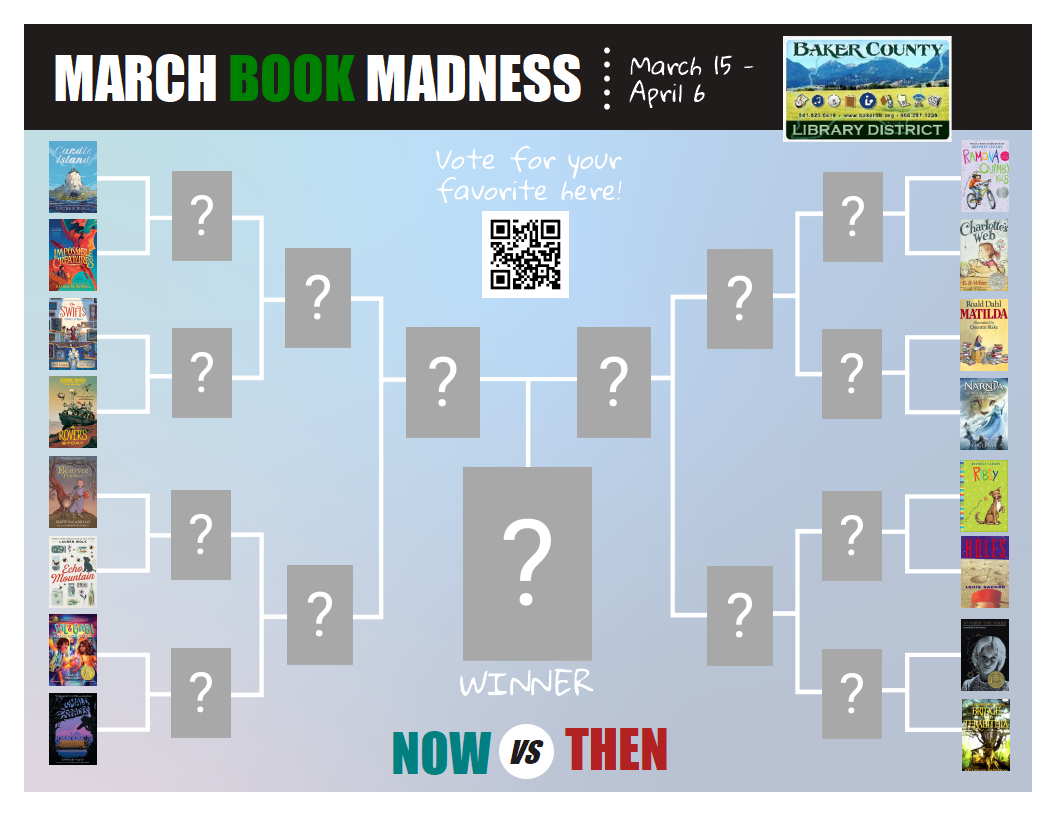 Image shows a "March Book Madness" bracket for voting on favorite books from March 15 to April 6 by Baker County Library District.