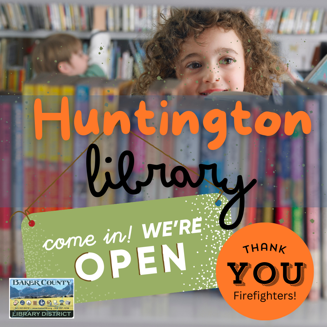 A cheerful ad for Huntington library with a child, books, and a "Thank You Firefighters" badge.