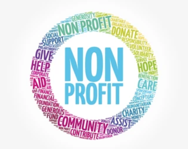 A colorful word cloud related to non-profit organizations, featuring words like "community," "donate," and "charity."