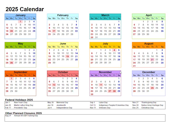2025 calendar with federal holidays and other planned closures listed at the bottom.
