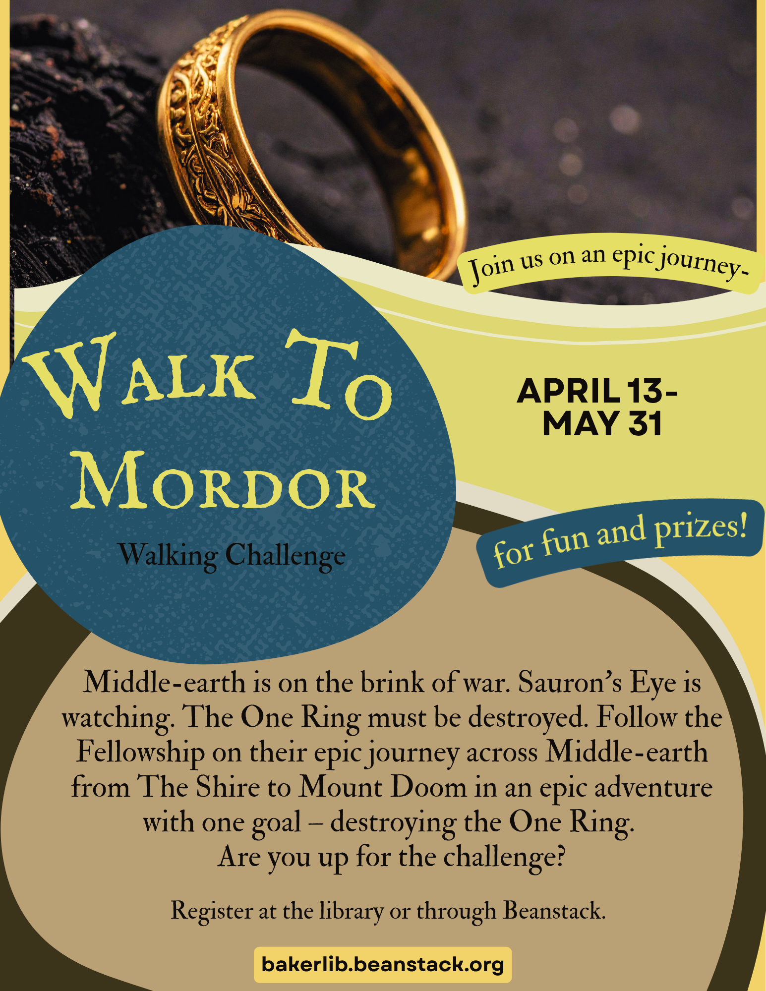 Join the "Walk to Mordor" challenge from April 13 to May 31! Walk to destroy the One Ring for fun and prizes!