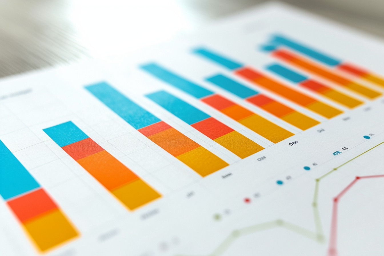 A colorful bar chart and line graph on paper, depicting data with labels and a legend.