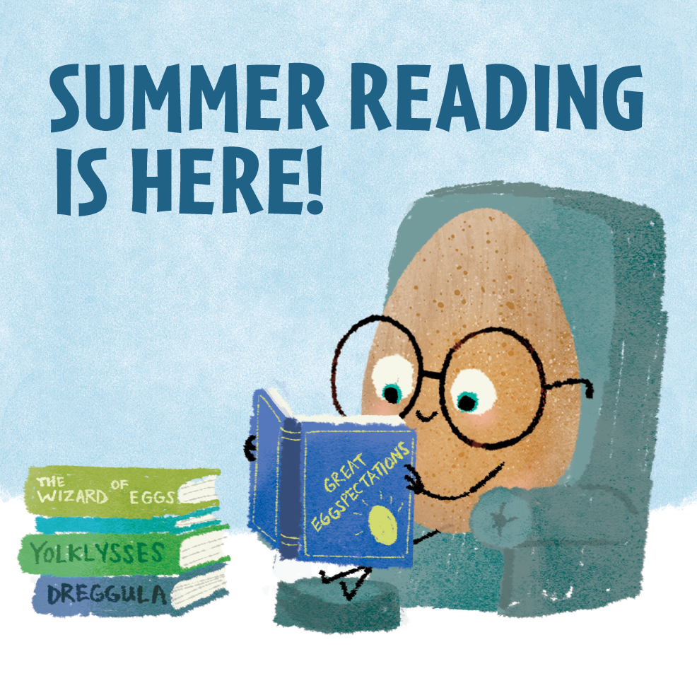 A cute character reads a book titled "Great Eggspectations" with summer reading themes, surrounded by playful egg-themed book titles.