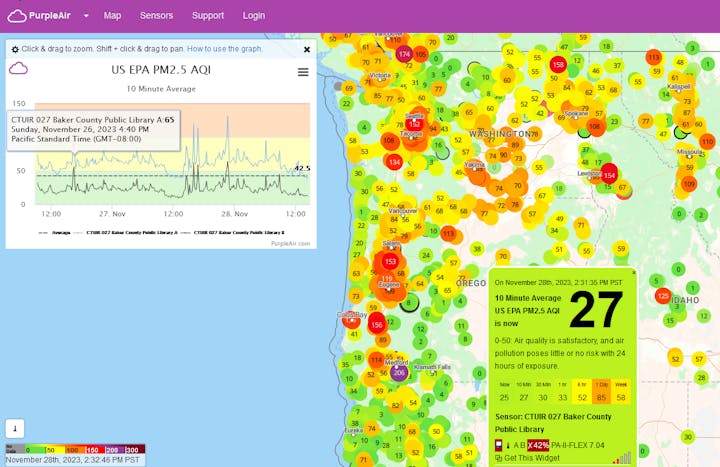 Screenshot of map of northwestern United States with colored circles indicating current air quality health risks for various locations.