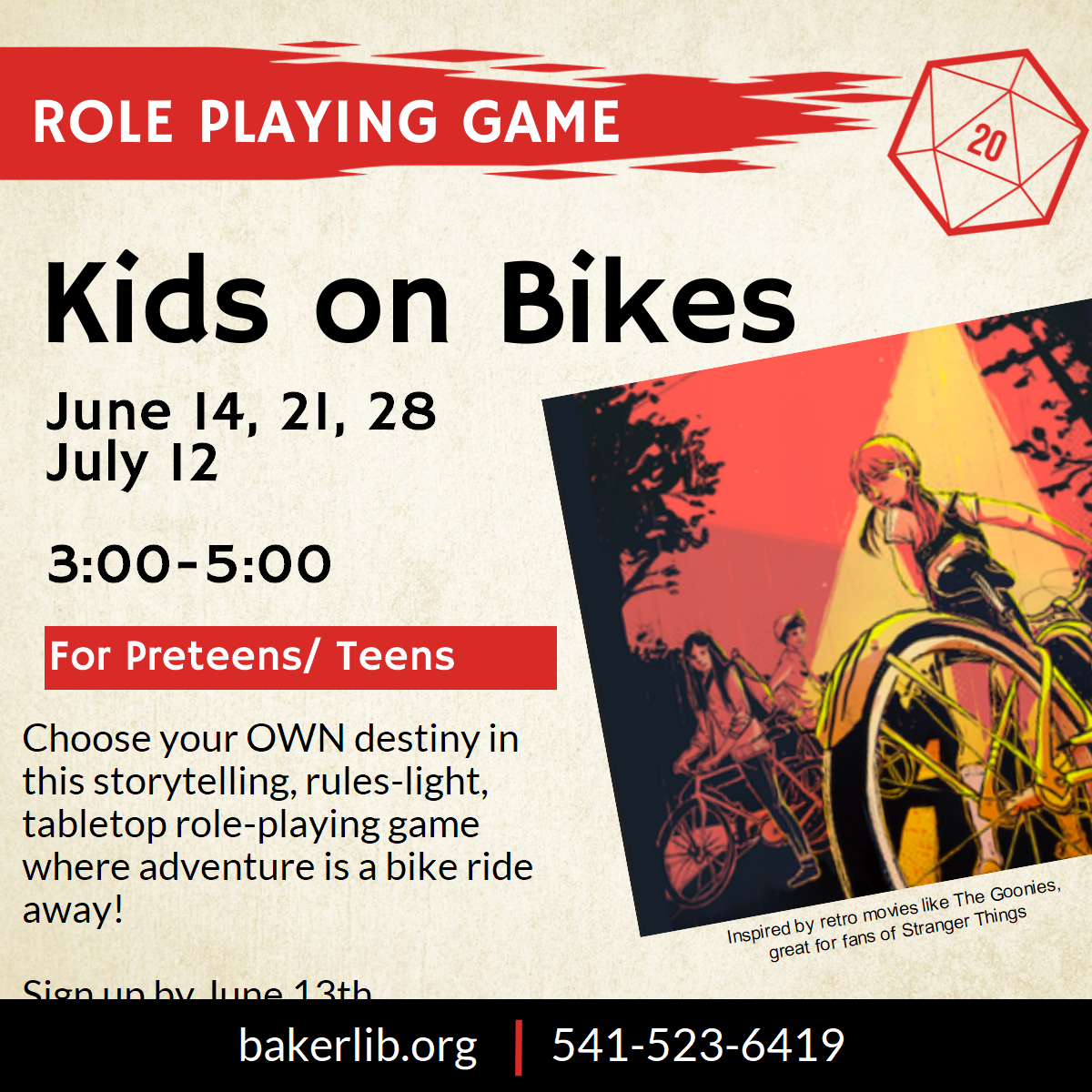 A flyer for a "Kids on Bikes" role-playing game event for preteens/teens at a library with dates, times, and contact info.