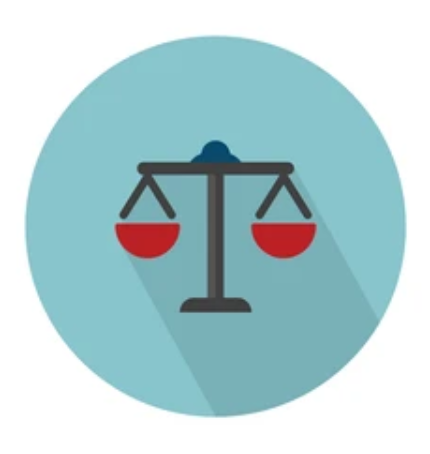 Icon of a balanced scale in a blue circle, symbolizing justice or balance.