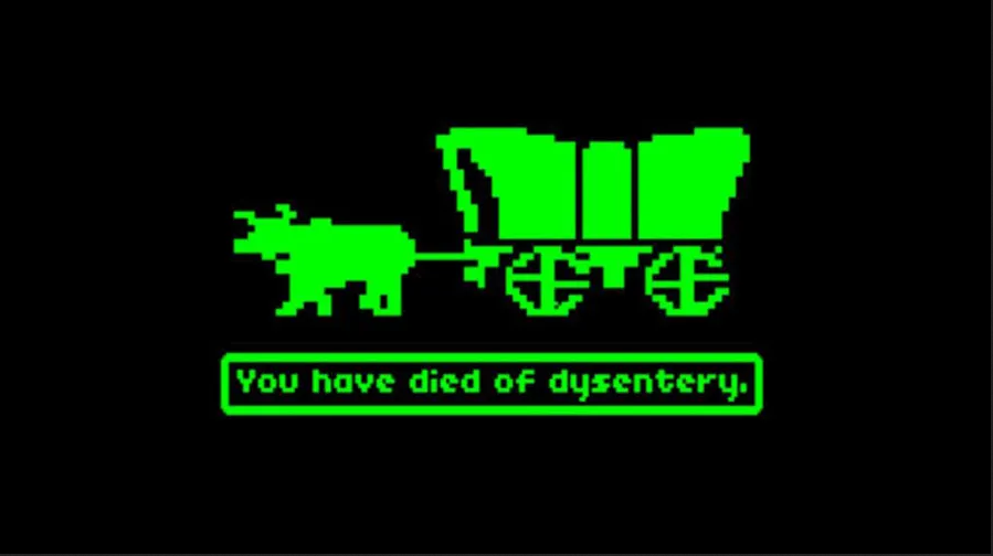 A pixelated oxen and wagon with the text "You have died of dysentery," reminiscent of the classic computer game "The Oregon Trail."