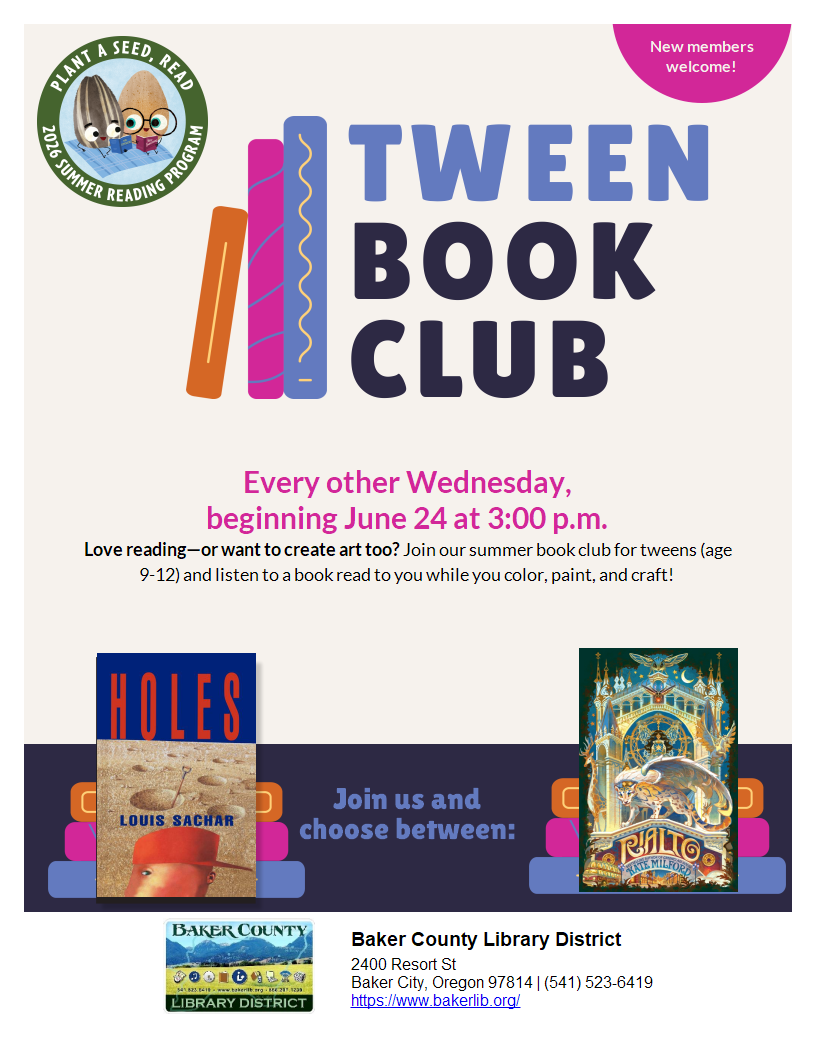 Image promotes a Tween Book Club at Baker County Library, starting June 24 at 3 PM, with crafts and a book reading.