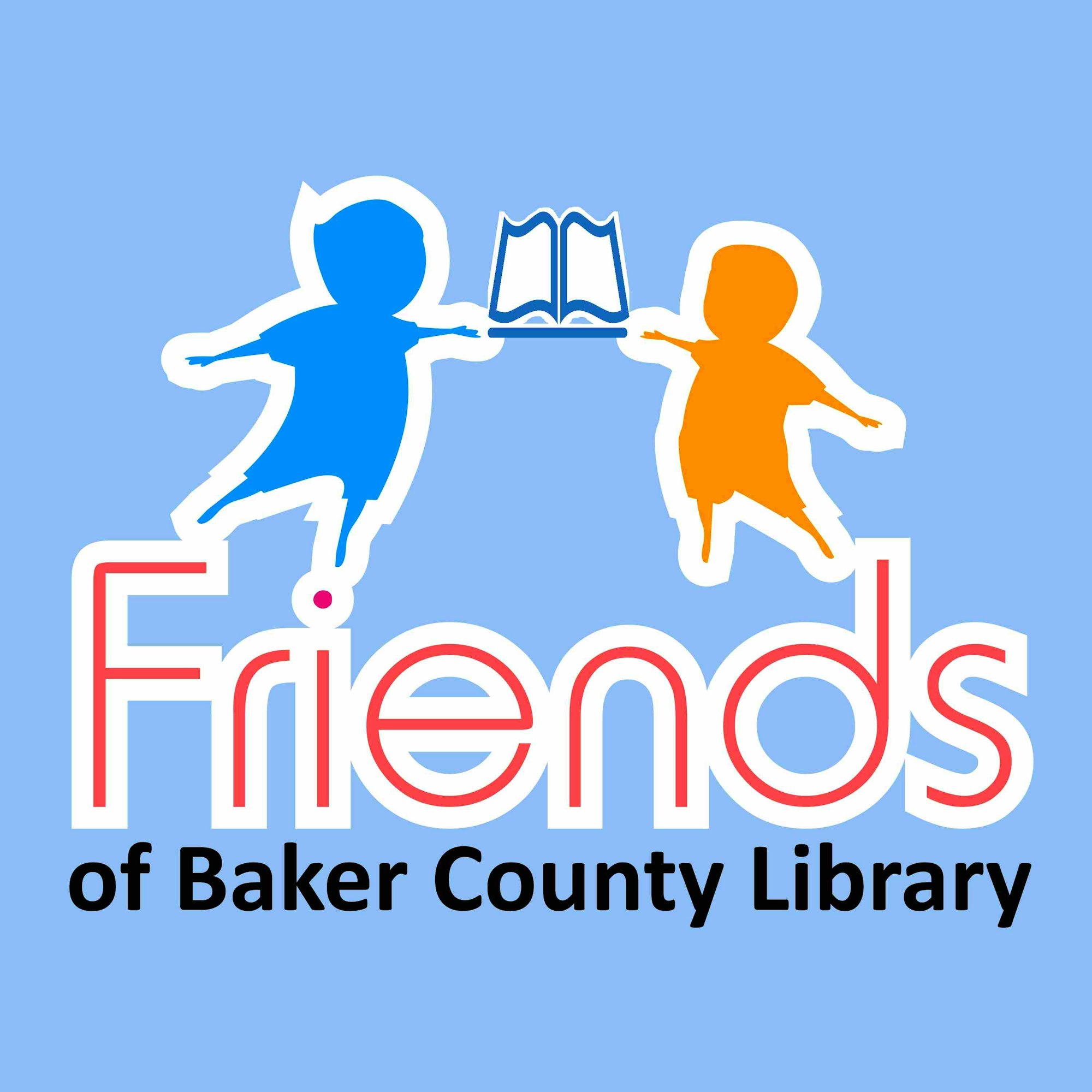 A logo with two abstract children figures, an open book, and text "Friends of Baker County Library".