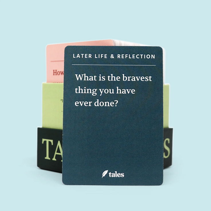 The image shows a card that asks, "What is the bravest thing you have ever done?" from a reflective games set.