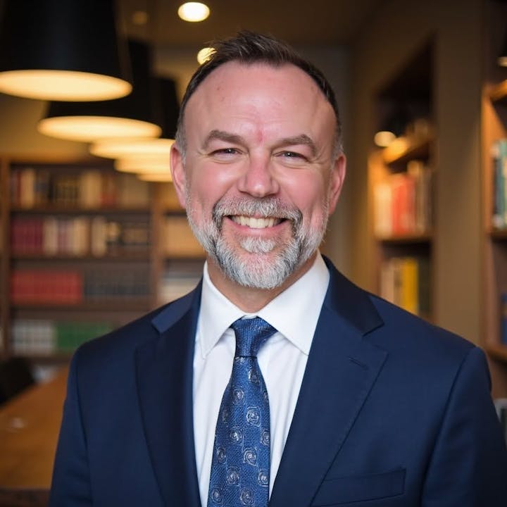 Image of Perry Stokes, Library Director of Baker County Library District. Stokes is a man in his 50s, primarily of European descent featured smiling in a suit with a tie, standing in a well-lit library space.