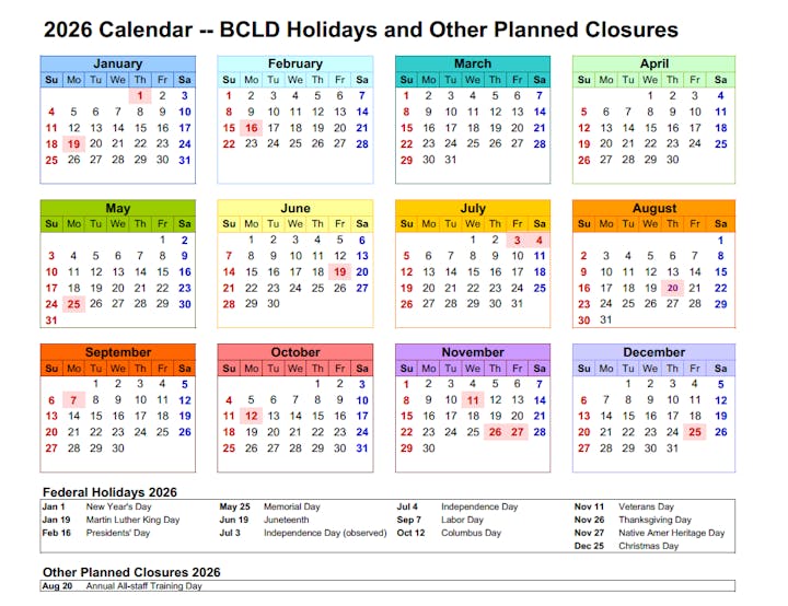 A 2026 calendar showing months, dates, and planned closures, including federal holidays.