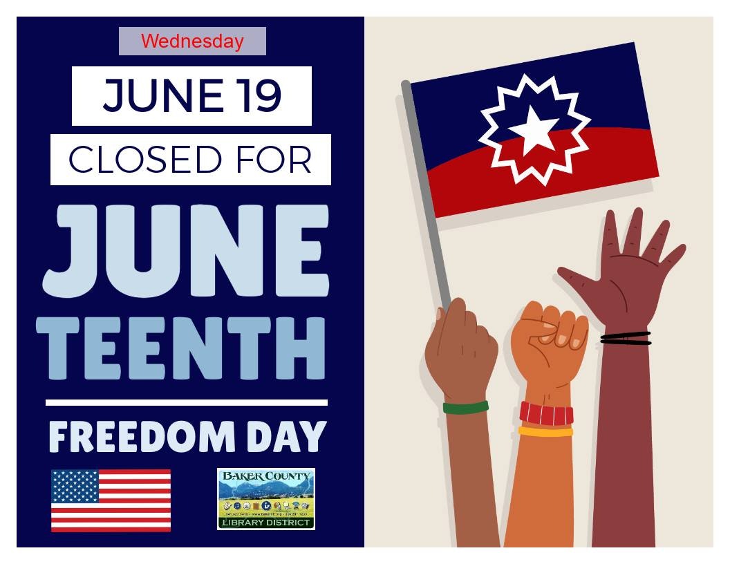 A graphic for Juneteenth, depicting raised hands and a flag, with text announcing a closure for the holiday.