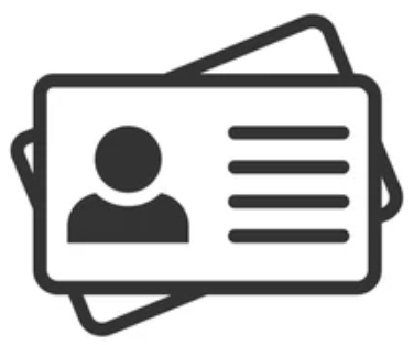 An icon of an ID card or badge showing a person's silhouette, some lines for text, and overlapping corners, possibly indicating multiple cards.