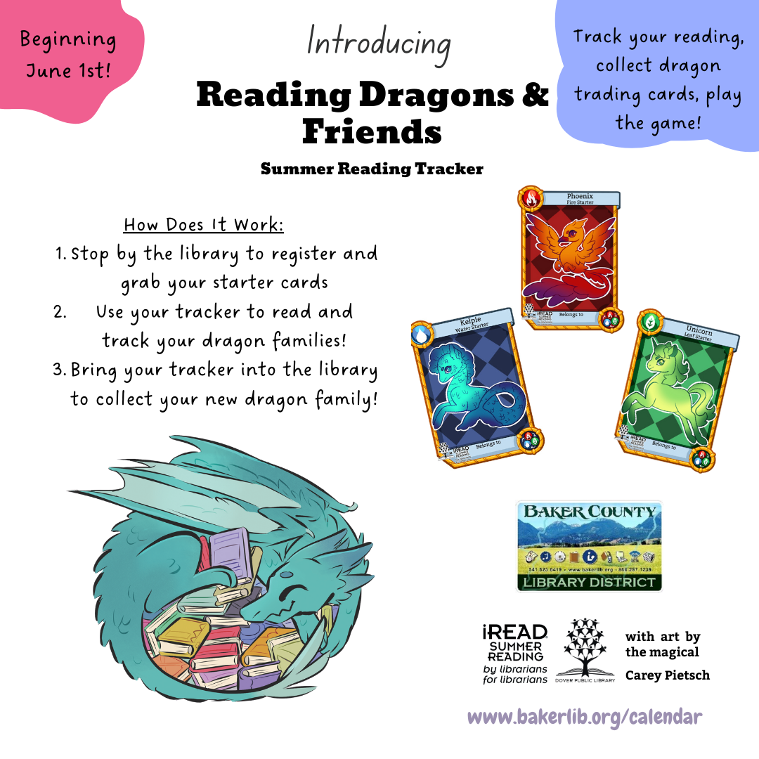 Library summer reading tracker with dragon trading cards, starting June 1st. Collect cards by reading. More info: www.bakerlib.org/calendar.