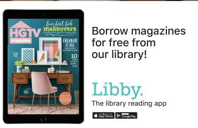 An ad for "Libby," a library reading app, showing a tablet with HGTV magazine and text promoting free magazine borrowing from libraries.