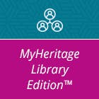 A logo for "MyHeritage Library Edition™" featuring a stylized family tree icon on a teal patterned background.