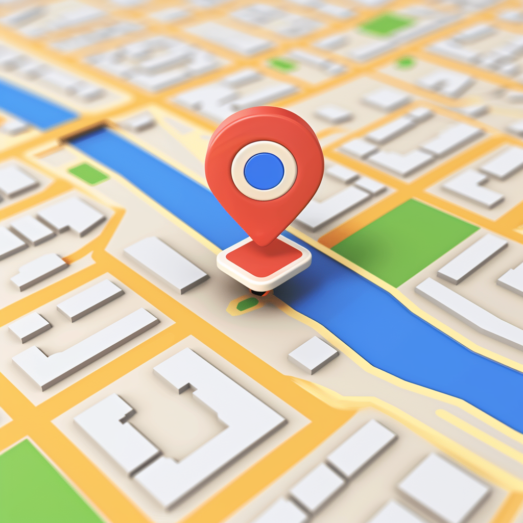 A 3D map graphic with a red location pin.