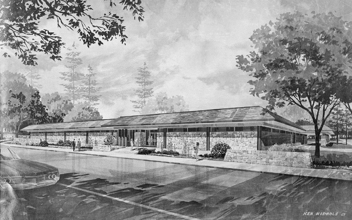 A monochromatic architectural illustration of the new Baker County Public Library, a mid-century modern building, featuring a stone facade, trees, and a street view.