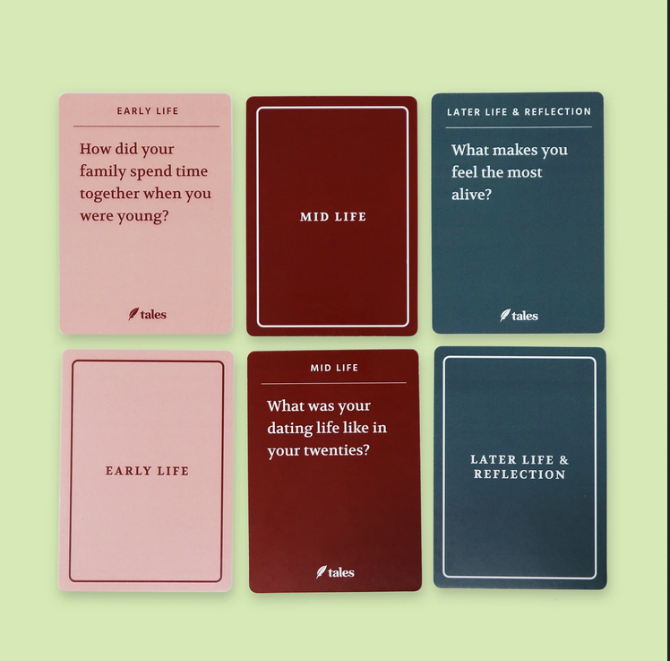 The image shows cards with prompts reflecting on different life stages: early life, mid-life, and later life reflections.