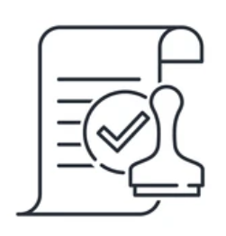 An icon of a document with a check mark and a stamp, symbolizing approval or certification.