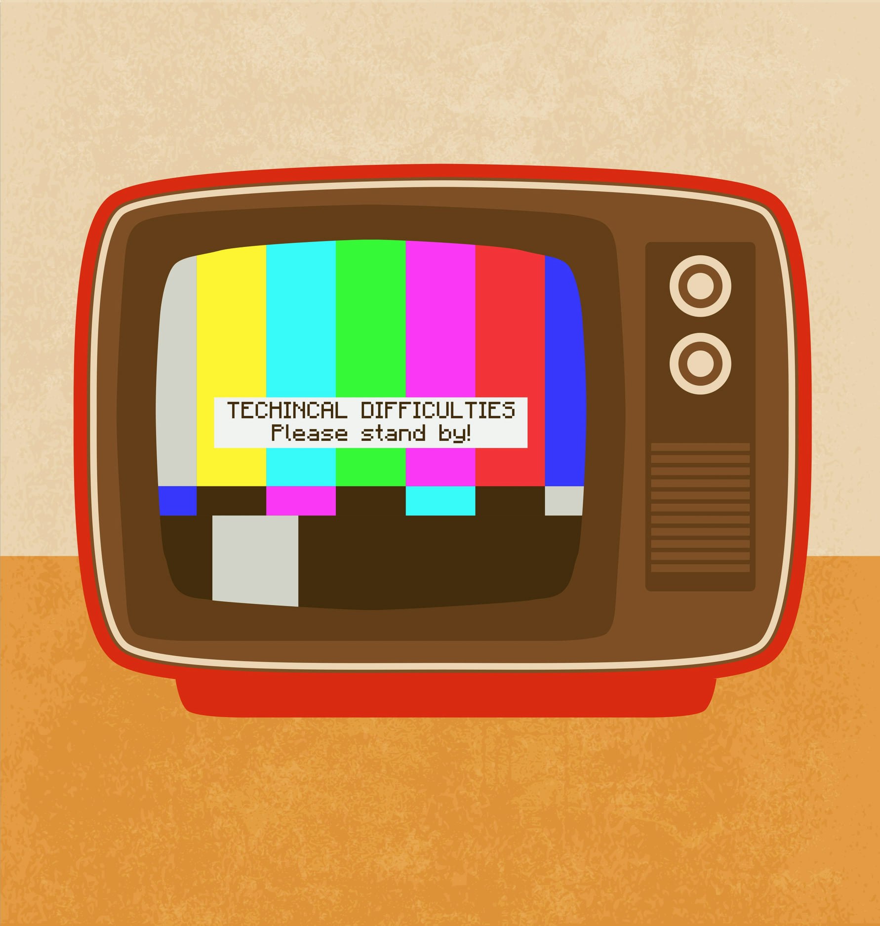 A vintage TV displaying colorful test bars with a "TECHNICAL DIFFICULTIES Please stand by!" message.