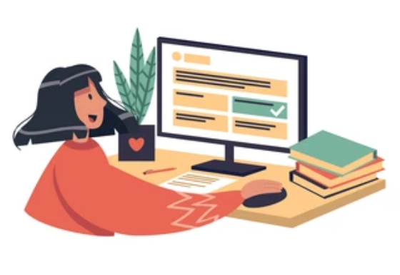 An illustrated woman at a desk with a computer, books, a plant, and a coffee cup.
