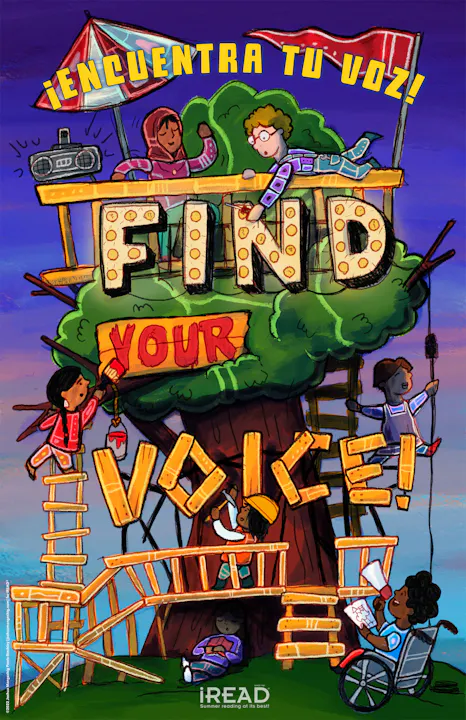 A colorful illustration promoting self-expression with children in a treehouse, featuring the phrase "Find Your Voice!" in English and Spanish.