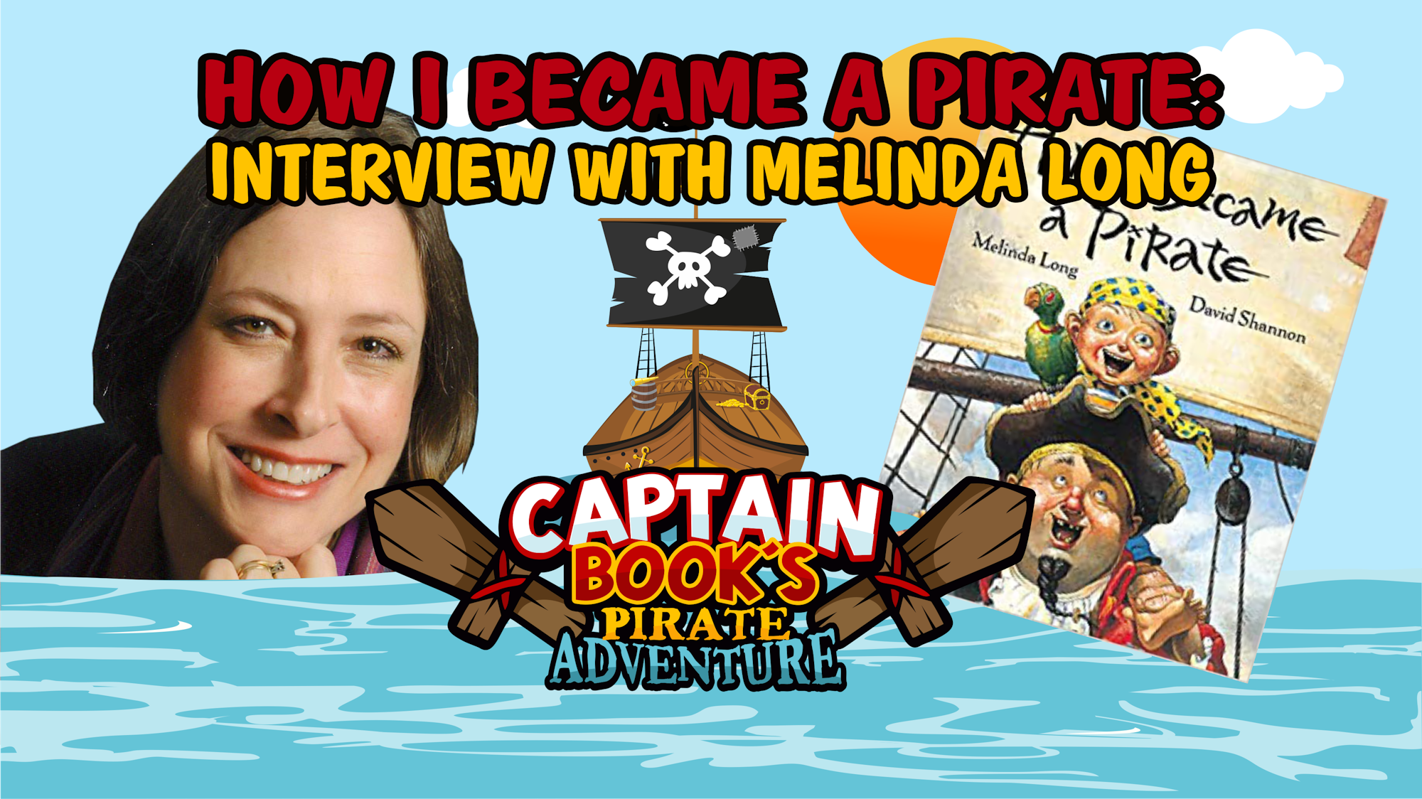 Promotional graphic for a pirate-themed book interview featuring the author and a book cover illustration.