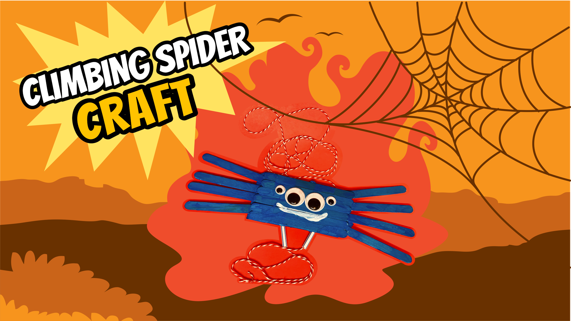 A handmade spider craft made with popsicle sticks, string, and googly eyes, titled "CLIMBING SPIDER CRAFT," against a fall-themed background.