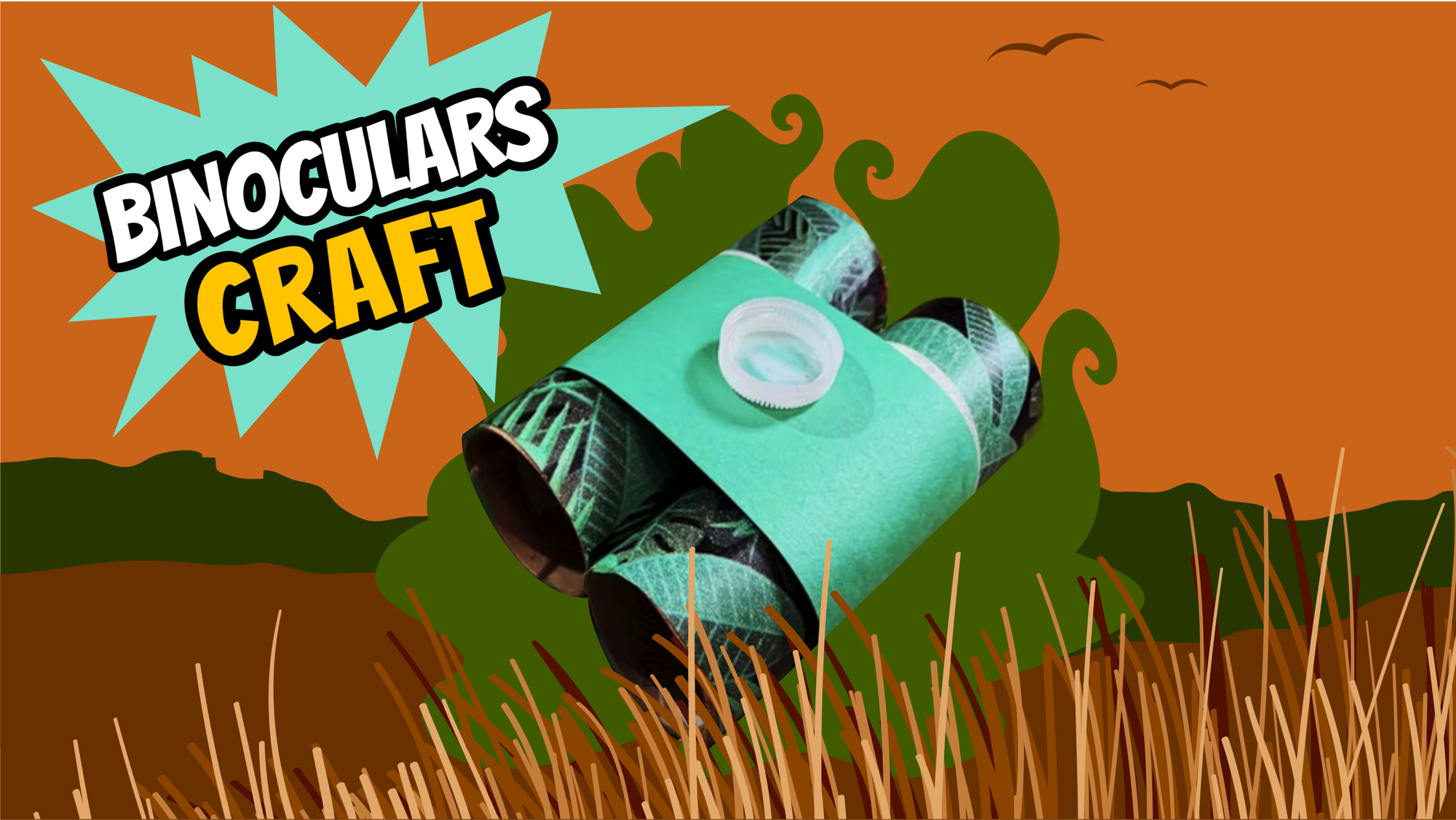 Handmade toy binoculars with text "BINOCULARS CRAFT" on a stylized nature background.