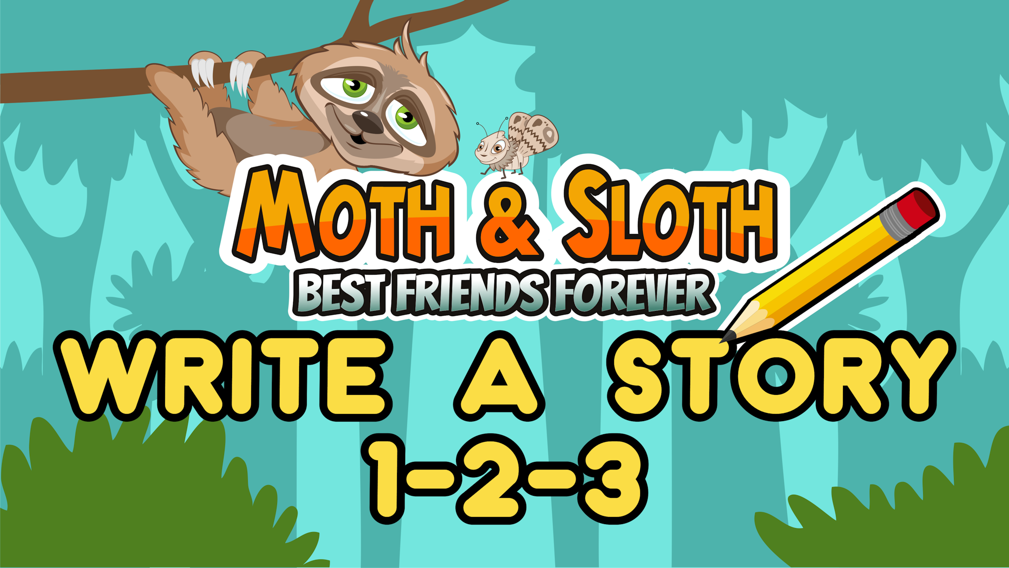 Cartoon sloth & moth friends with a pencil, promoting a story writing activity.