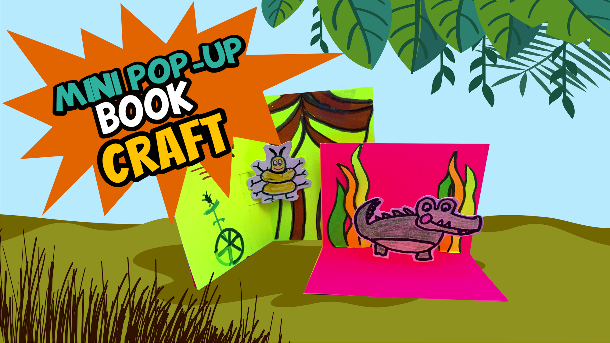 A colorful mini pop-up book craft with a cartoon crocodile and a bee figure.