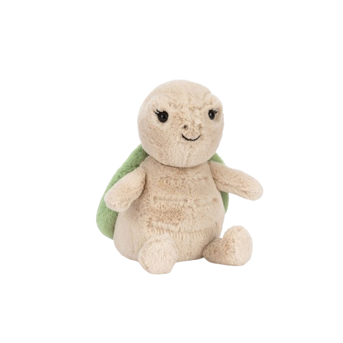 A cute plush turtle with a smiling face and green shell, sitting in a cuddly pose.