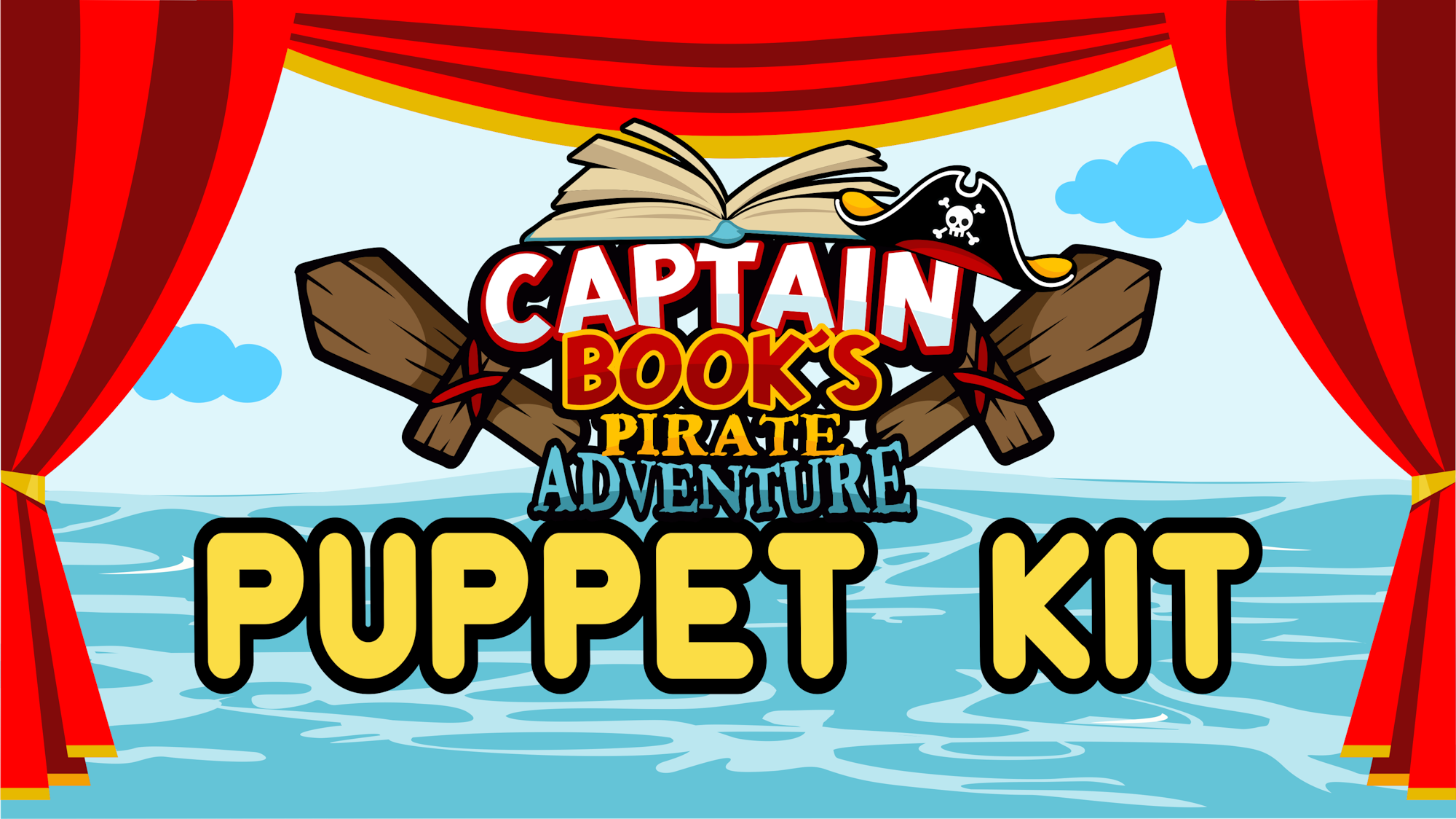 Graphic for "Captain Book's Pirate Adventure Puppet Kit" with book, swords, pirate hat, and theater curtains.