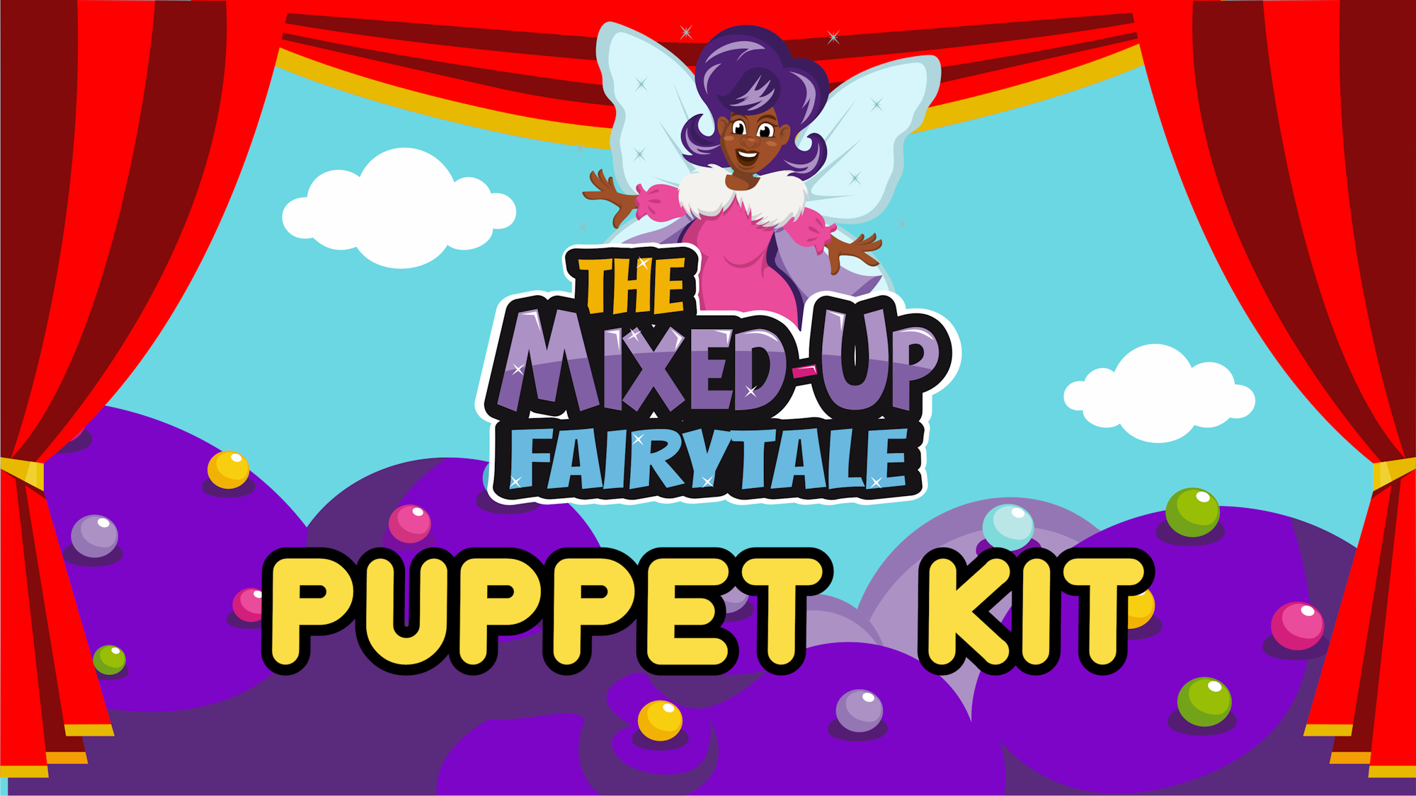 Colorful illustration of a puppet kit titled "The Mixed-Up Fairytale," featuring a smiling fairy character.