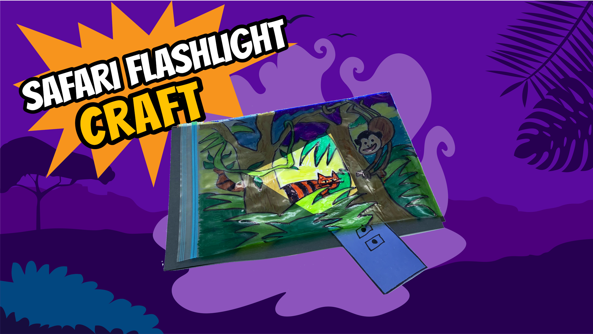 Colorful safari-themed craft depicting animals with a movable flashlight cutout.