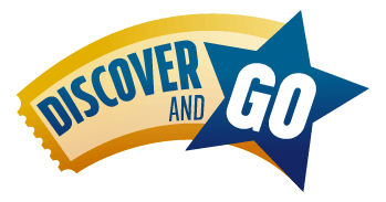 A logo with the text "DISCOVER AND GO" featuring a star and dynamic shapes in yellow and blue.